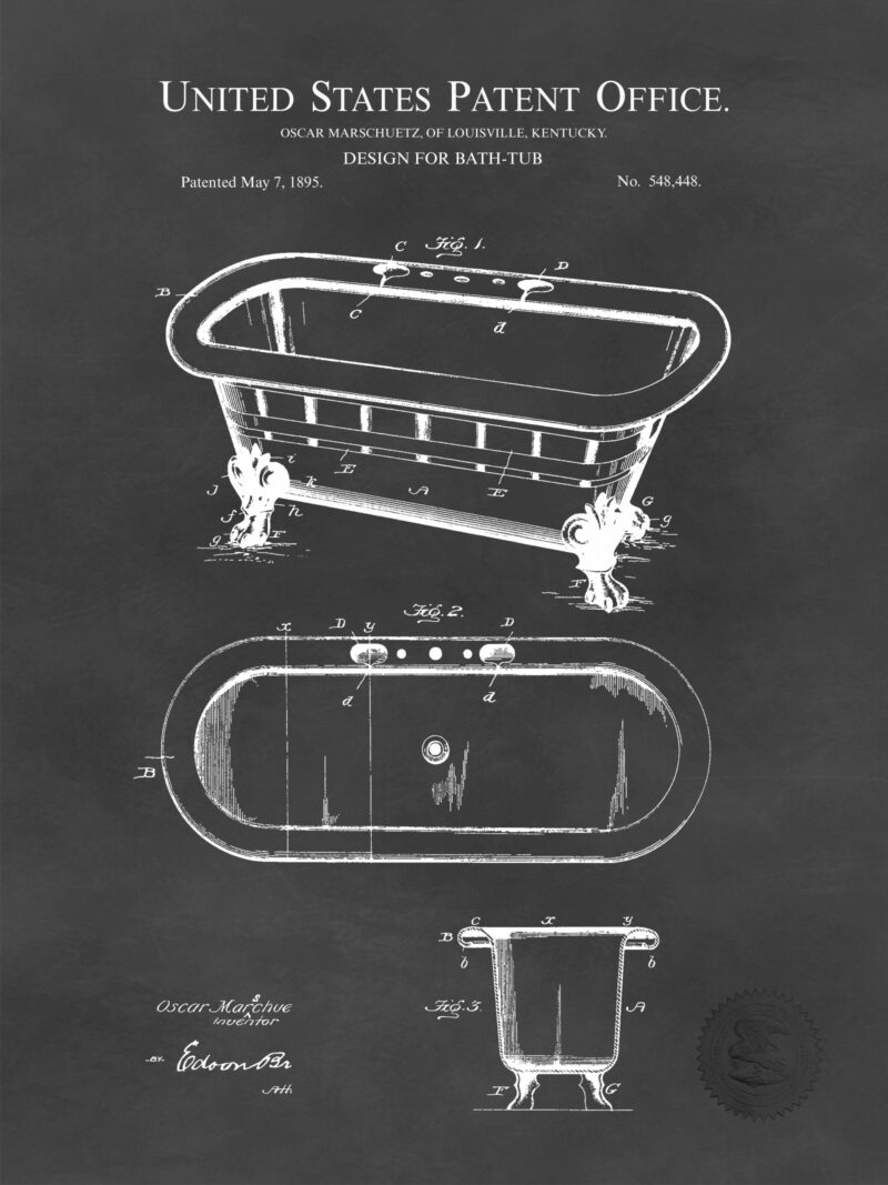 1895 Clawfoot Bathtub Patent Illustration Print