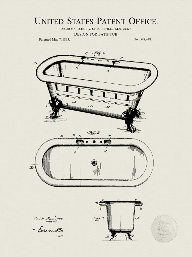 1895 Clawfoot Bathtub Patent Illustration Print