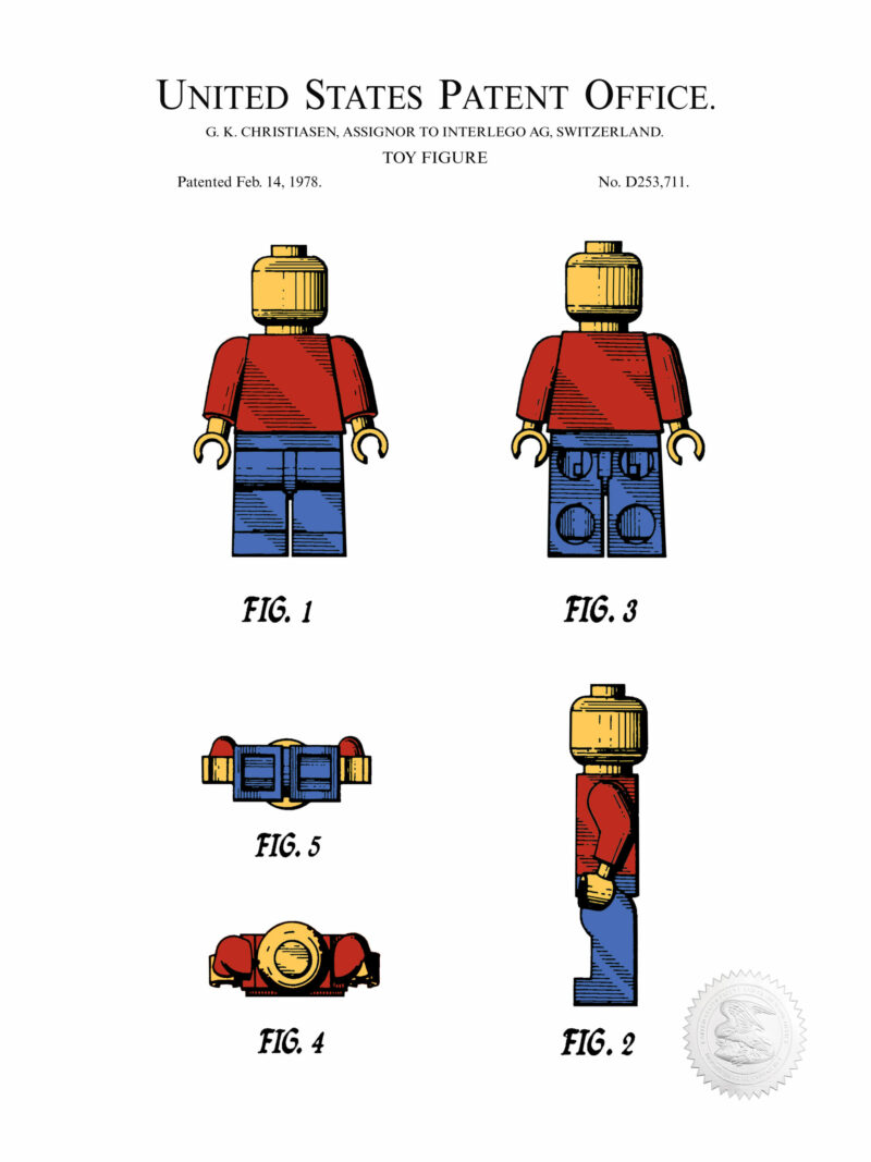 Digitally colored 1978 toy figure patent print.