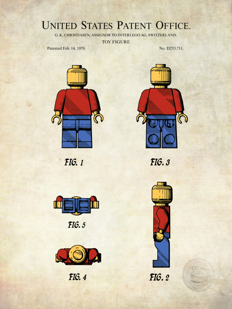 Digitally colored 1978 toy figure patent print.