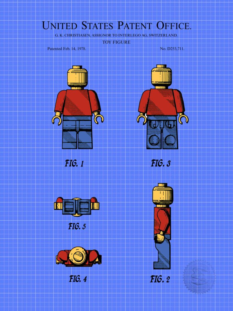 Digitally colored 1978 toy figure patent print.