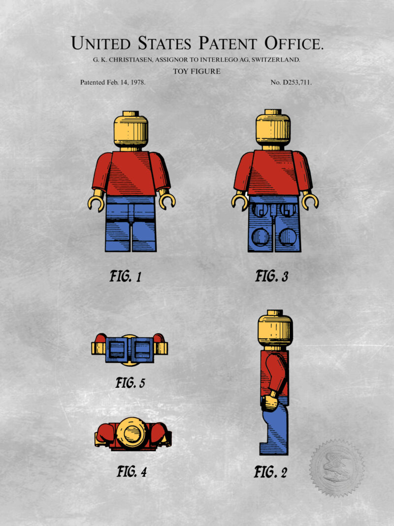 Digitally colored 1978 toy figure patent print.