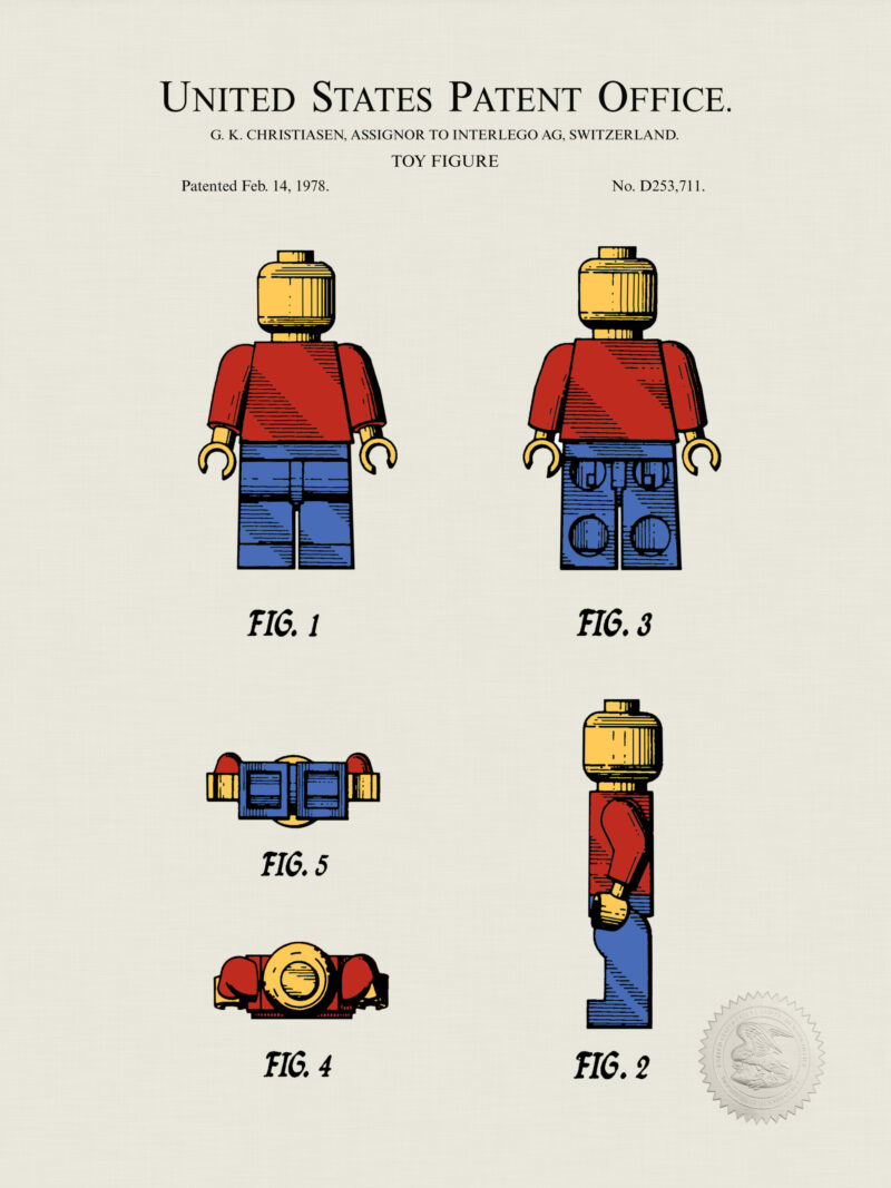 Digitally colored 1978 toy figure patent print.