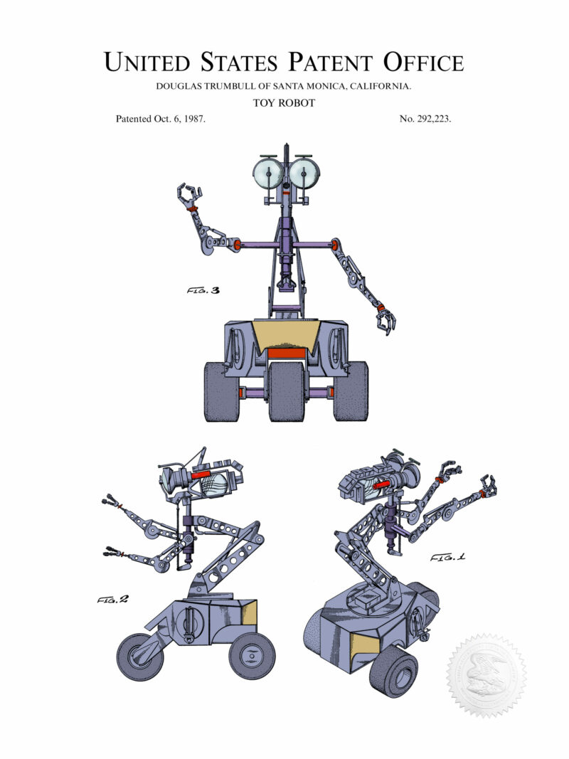 Digitally colored 1987 toy robot patent artwork.