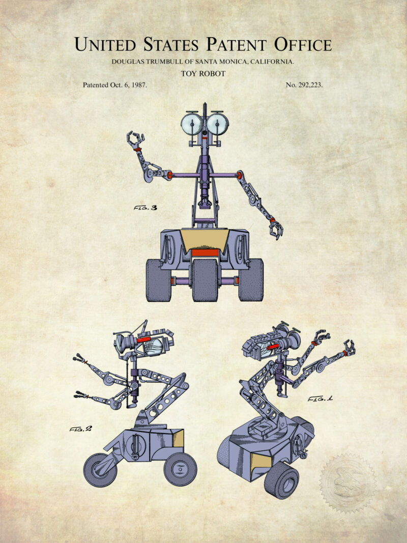 Digitally colored 1987 toy robot patent artwork.