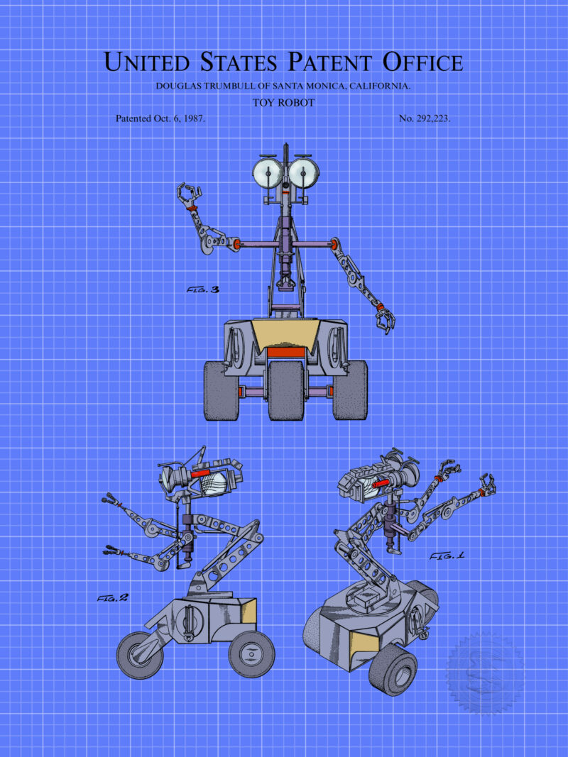 Digitally colored 1987 toy robot patent artwork.