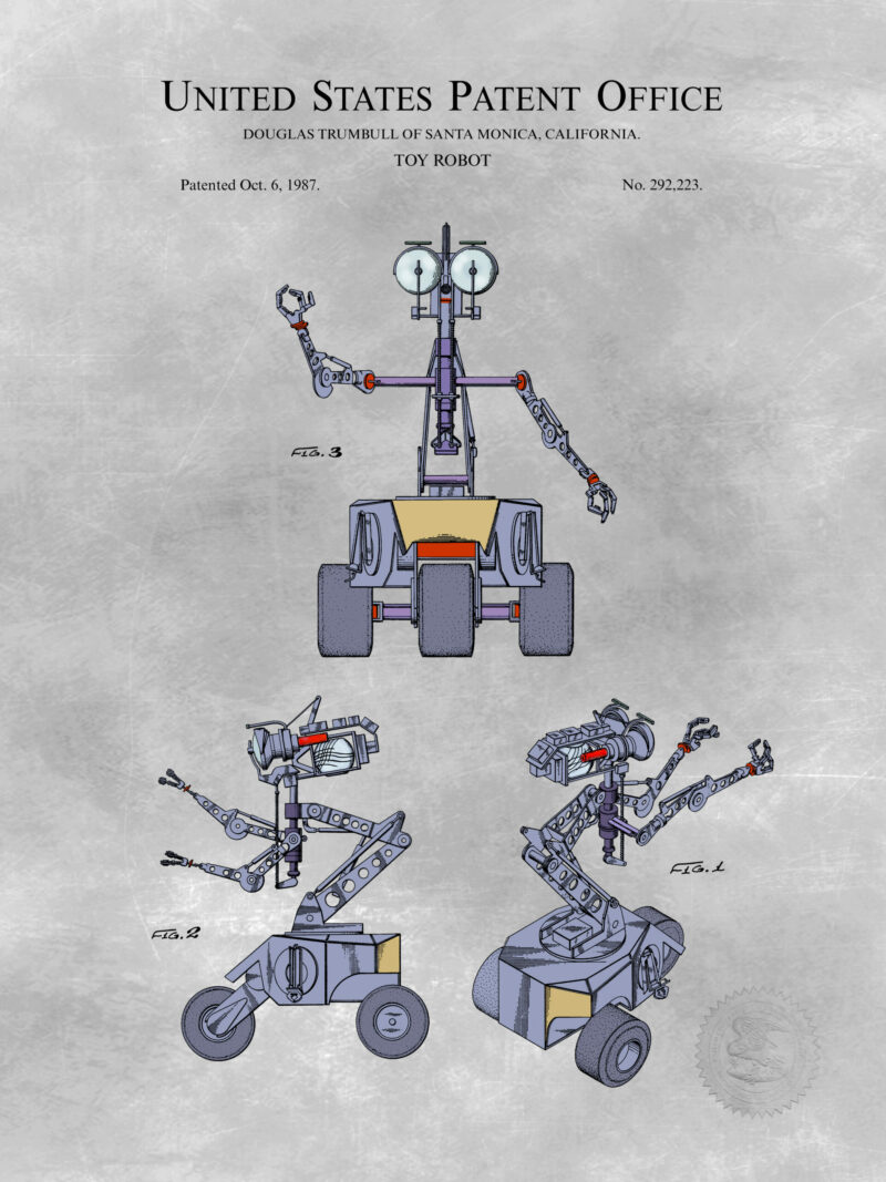 Digitally colored 1987 toy robot patent artwork.