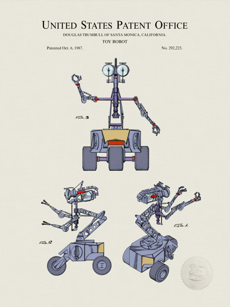 Digitally colored 1987 toy robot patent artwork.