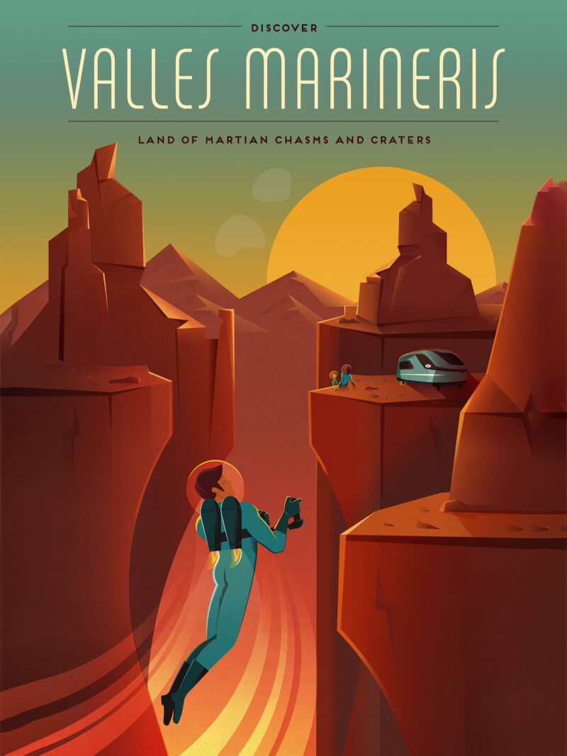 Illustration of Valles Marineris on Mars with astronauts and a family observing the canyon.