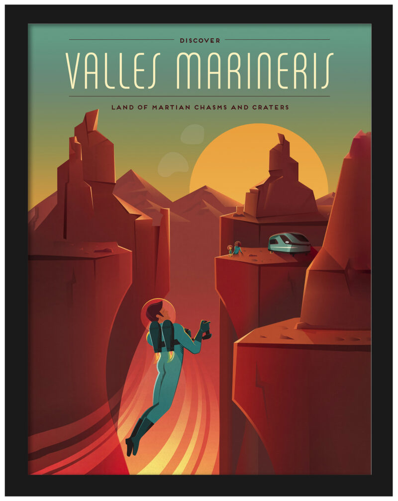 Illustration of Valles Marineris on Mars with astronauts and a family observing the canyon.