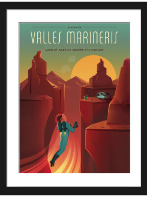 Illustration of Valles Marineris on Mars with astronauts and a family observing the canyon.