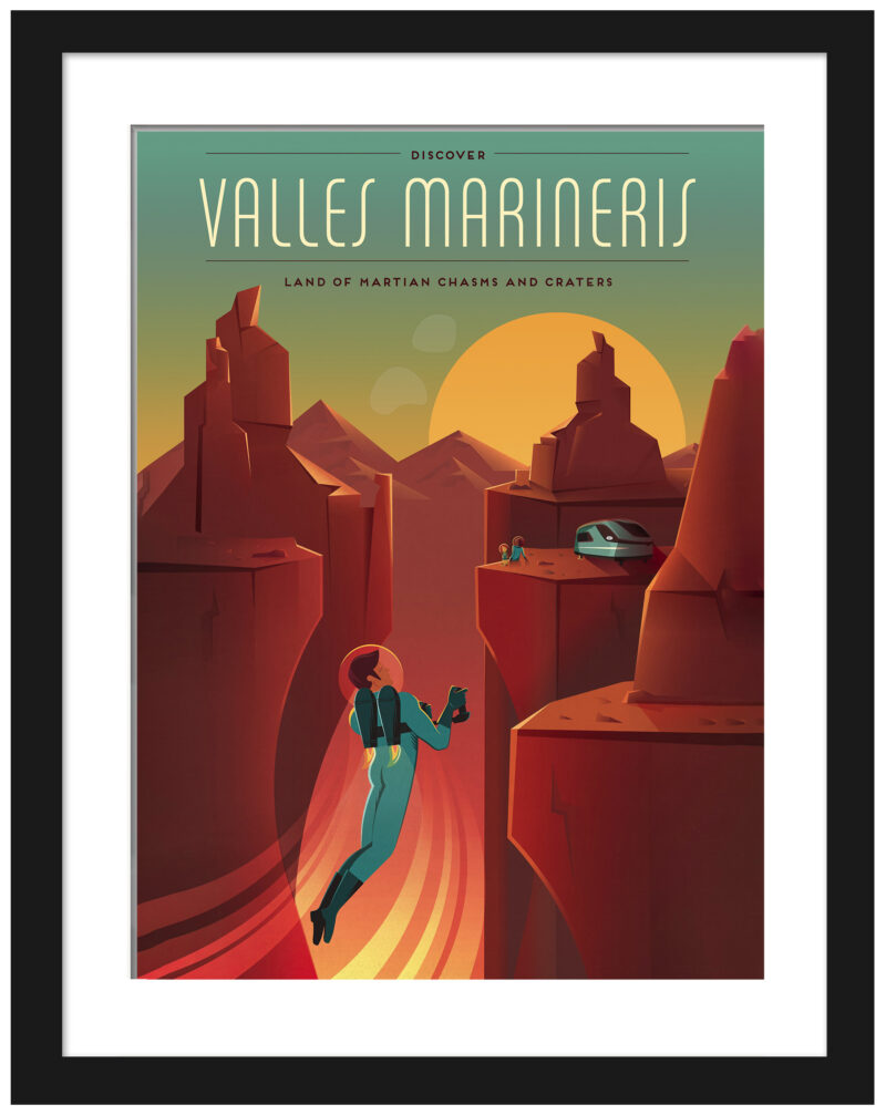 Illustration of Valles Marineris on Mars with astronauts and a family observing the canyon.
