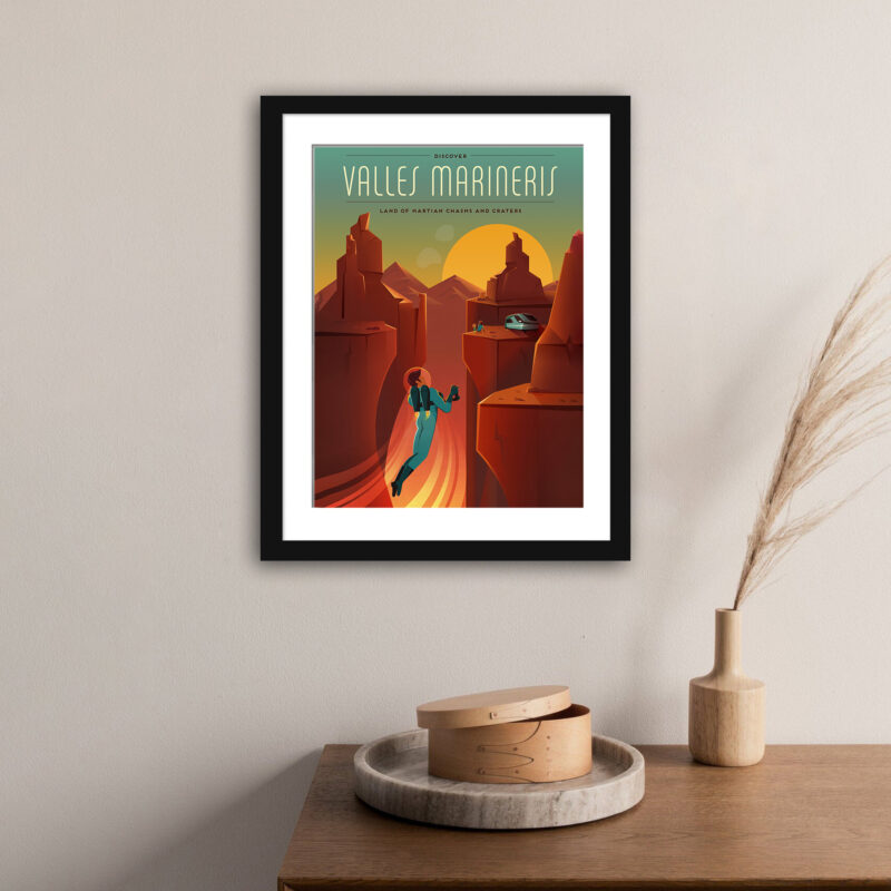 Illustration of Valles Marineris on Mars with astronauts and a family observing the canyon.