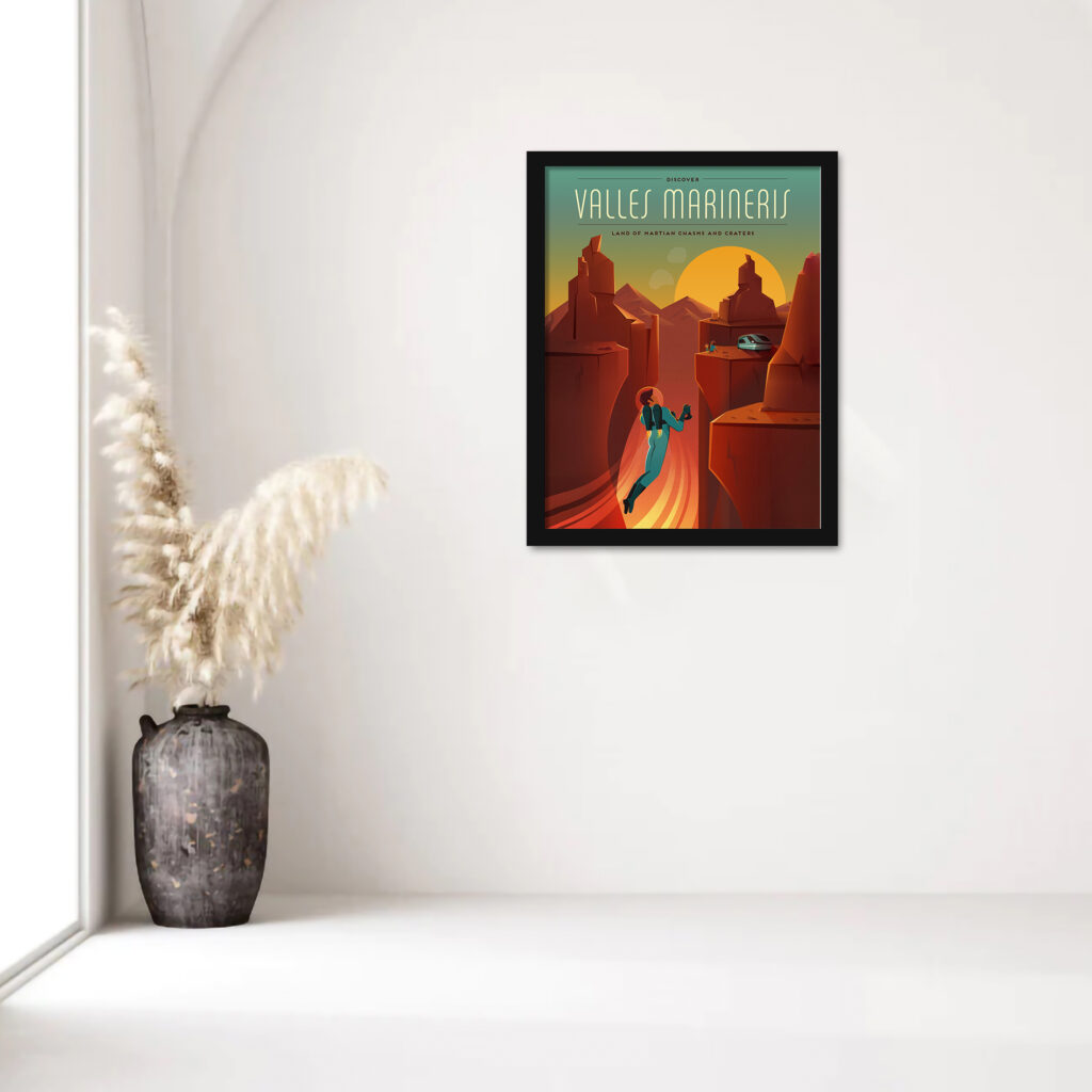Illustration of Valles Marineris on Mars with astronauts and a family observing the canyon.
