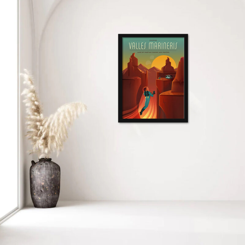 Illustration of Valles Marineris on Mars with astronauts and a family observing the canyon.
