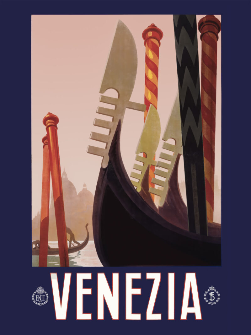 Vintage 1920 Venice travel poster with gondolas