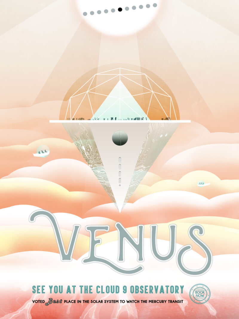 Venus JPL travel poster with a backdrop of clouds and space observatory imagery