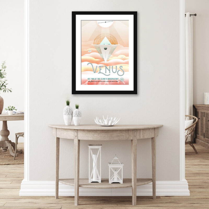 Venus JPL travel poster with a backdrop of clouds and space observatory imagery