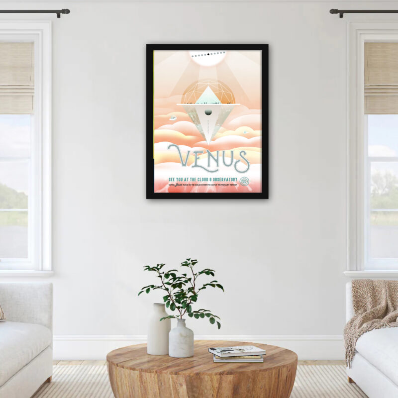 Venus JPL travel poster with a backdrop of clouds and space observatory imagery