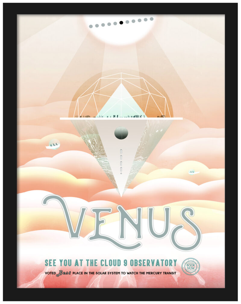 Venus JPL travel poster with a backdrop of clouds and space observatory imagery