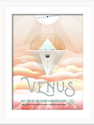 Venus JPL travel poster with a backdrop of clouds and space observatory imagery