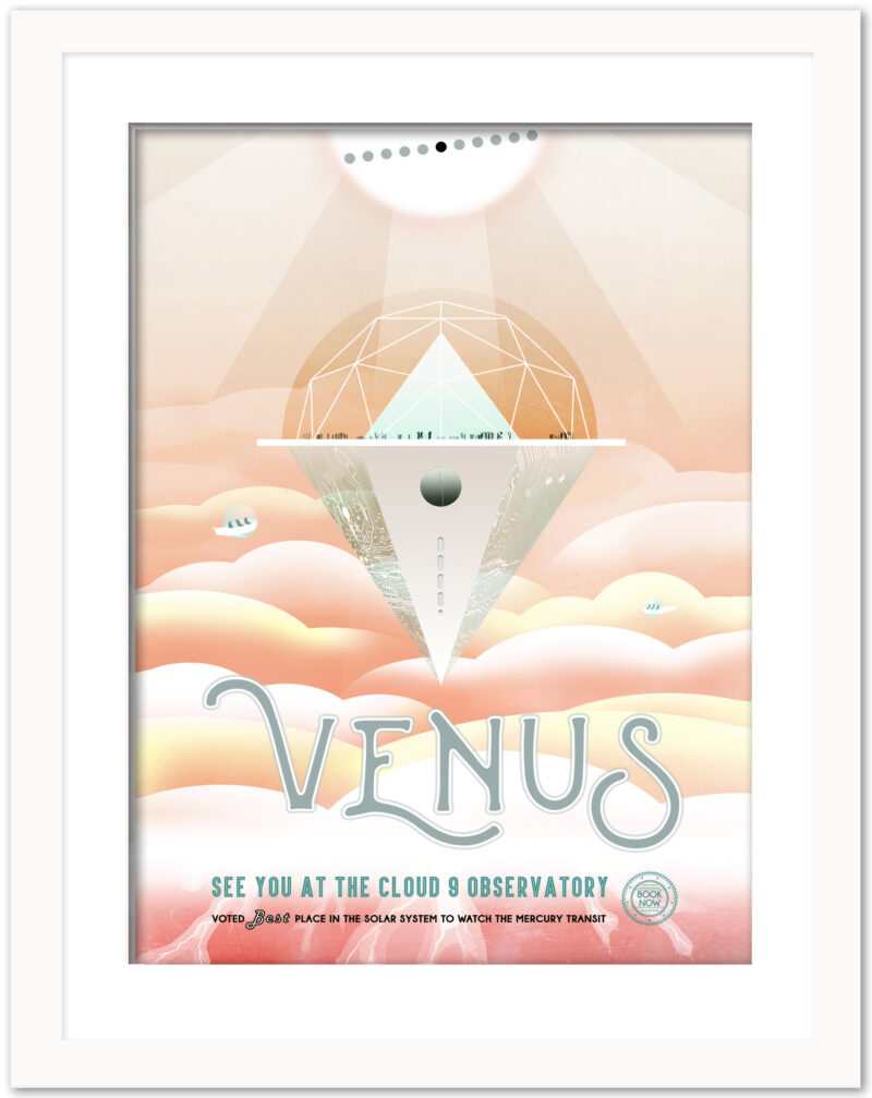 Venus JPL travel poster with a backdrop of clouds and space observatory imagery