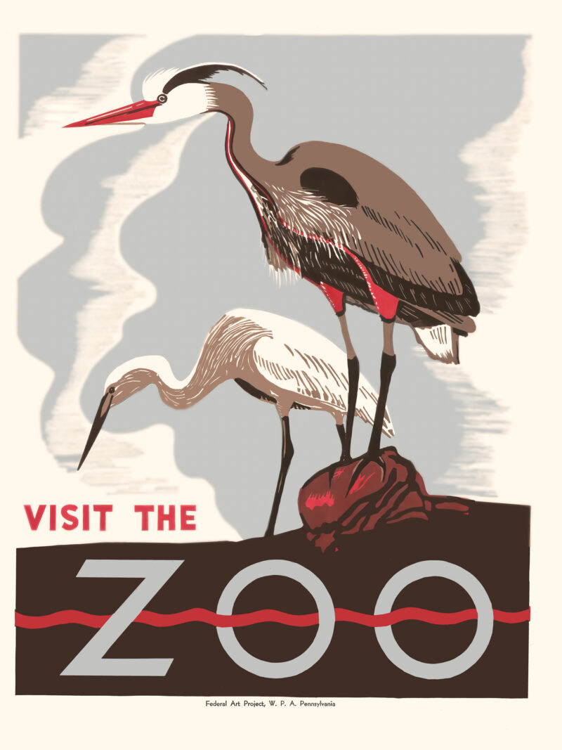 1930s "Visit The Zoo" poster reproduction featuring herons.