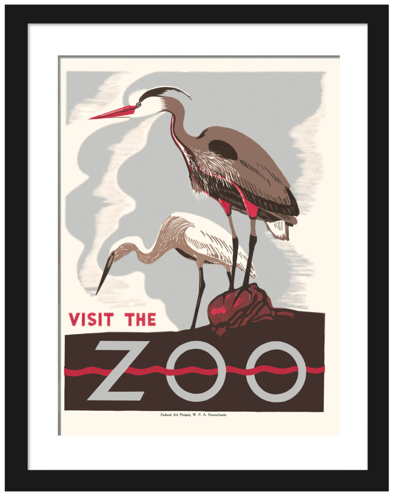 1930s "Visit The Zoo" poster reproduction featuring herons.
