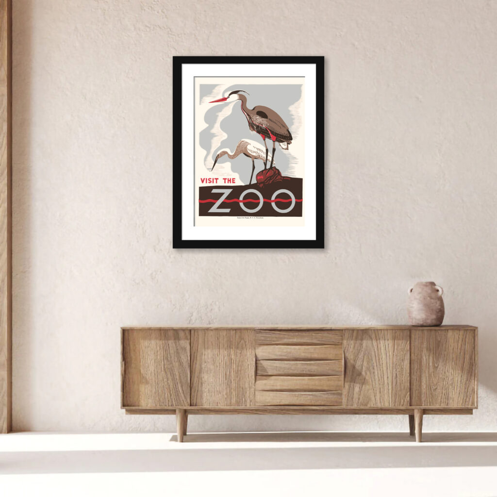 1930s "Visit The Zoo" poster reproduction featuring herons.