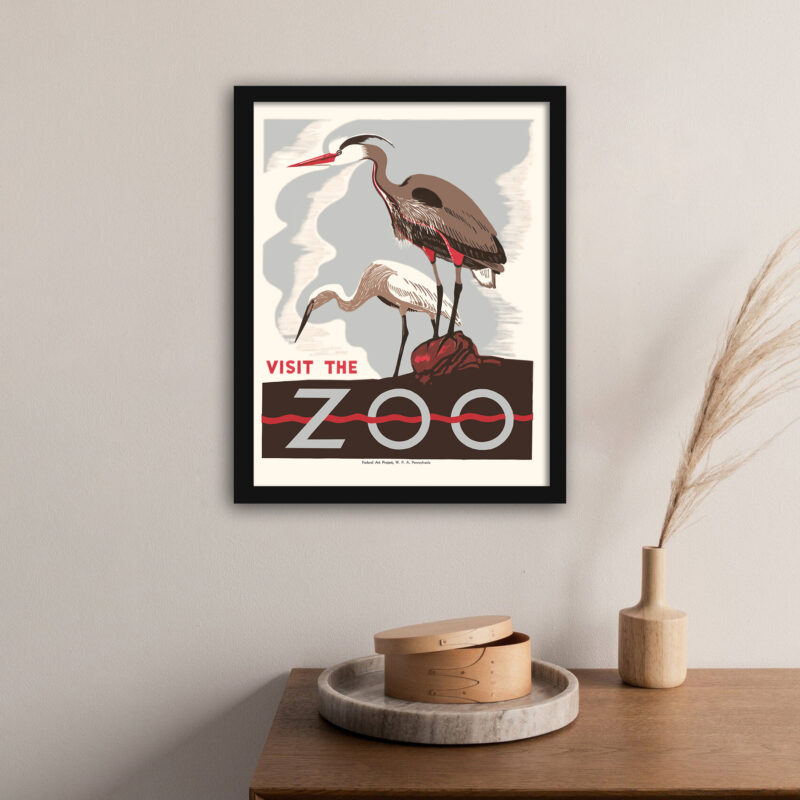 1930s "Visit The Zoo" poster reproduction featuring herons.
