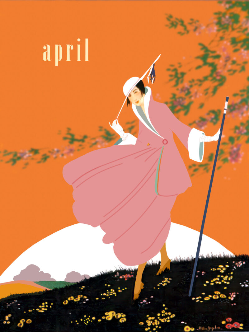 1916 Vogue cover art with woman in pink suit.