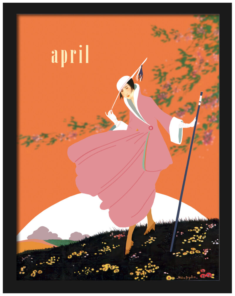 1916 Vogue cover art with woman in pink suit.