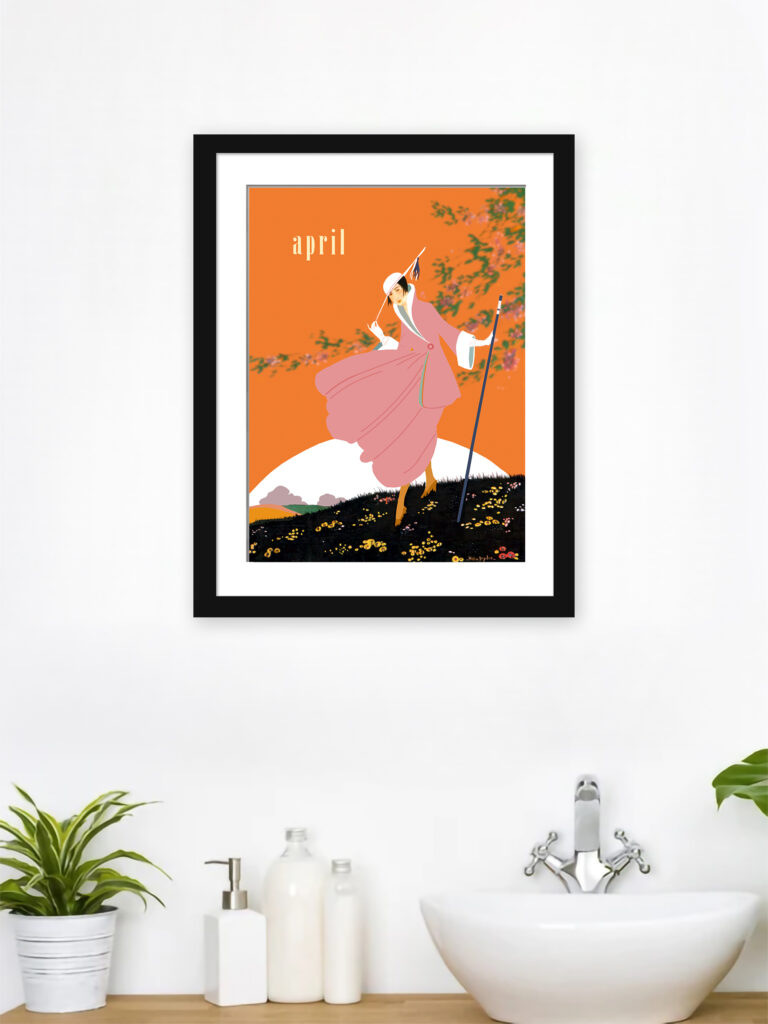 1916 Vogue cover art with woman in pink suit.
