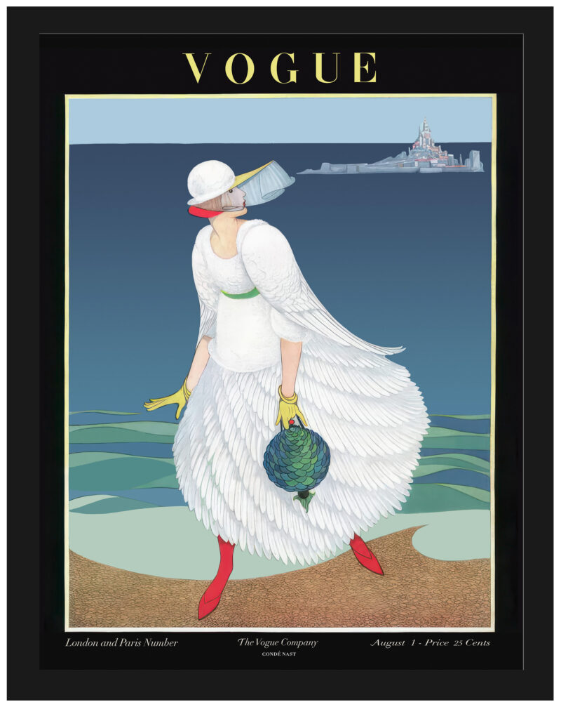 1916 Vogue cover print featuring a woman in a white dress on a beach.