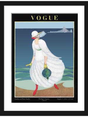 1916 Vogue cover print featuring a woman in a white dress on a beach.