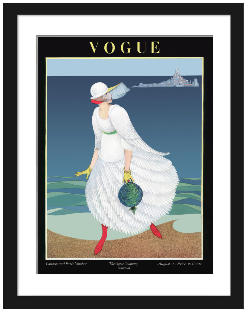 1916 Vogue cover print featuring a woman in a white dress on a beach.