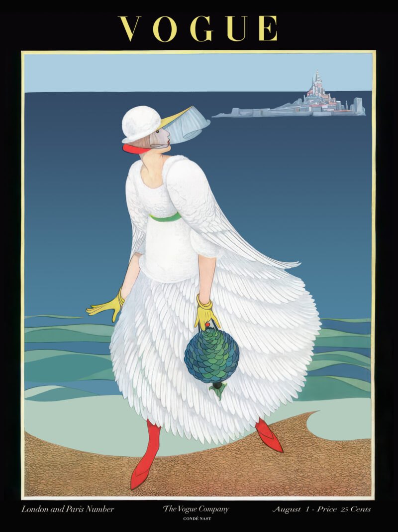 1916 Vogue cover print featuring a woman in a white dress on a beach.
