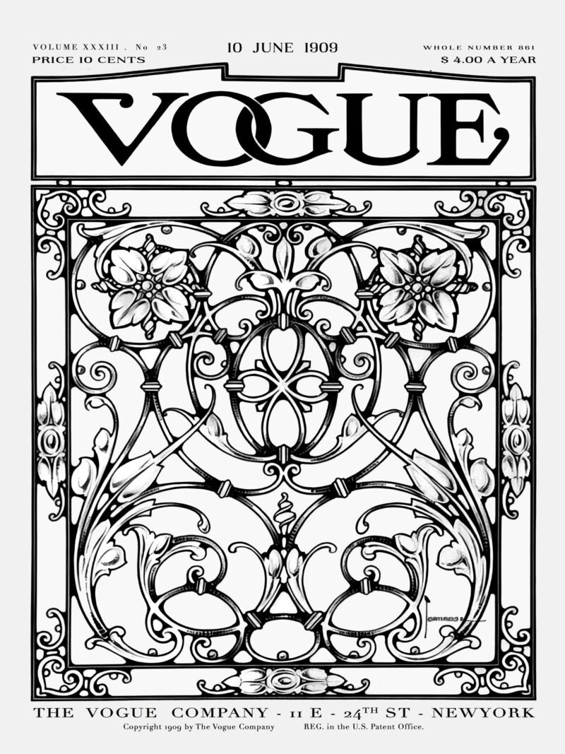 Vintage Vogue October 1909 cover with intricate geometric designs.