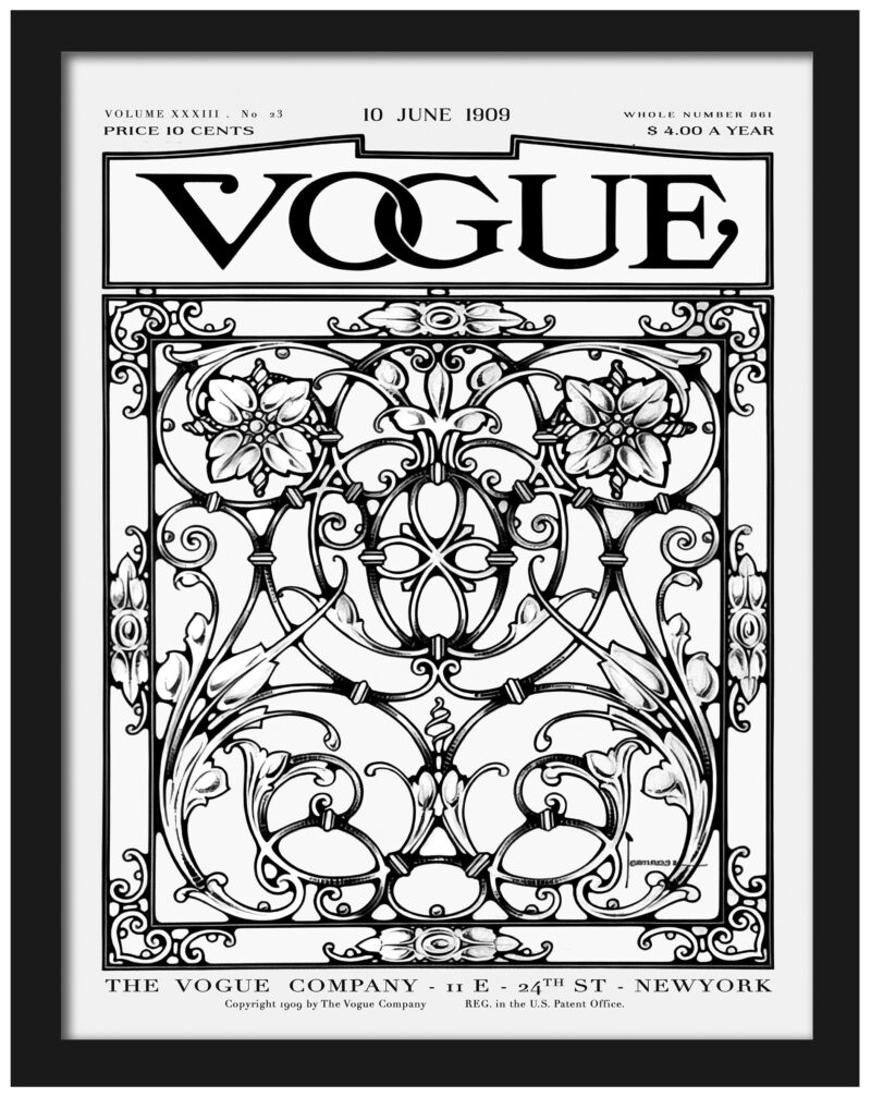 Vintage Vogue October 1909 cover with intricate geometric designs.
