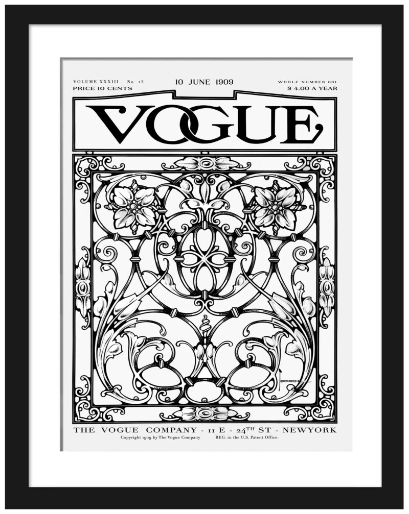 Vintage Vogue October 1909 cover with intricate geometric designs.