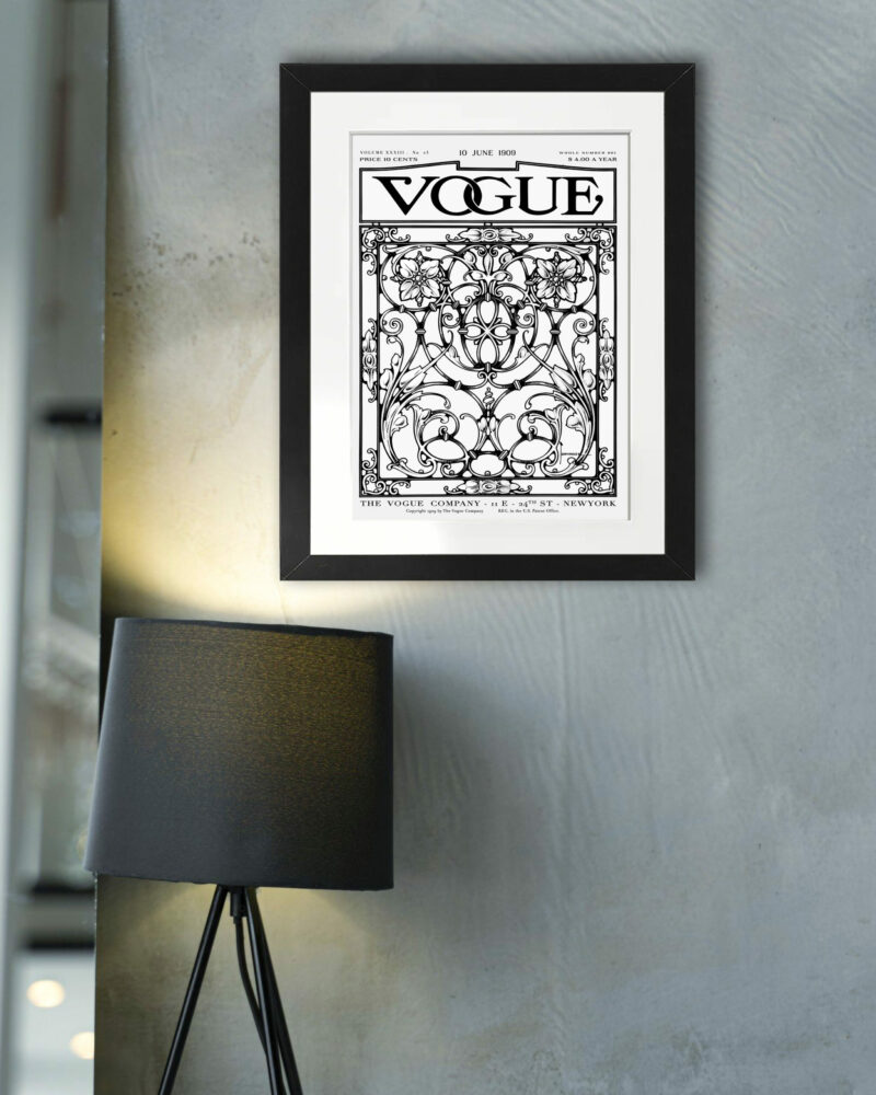 Vintage Vogue October 1909 cover with intricate geometric designs.
