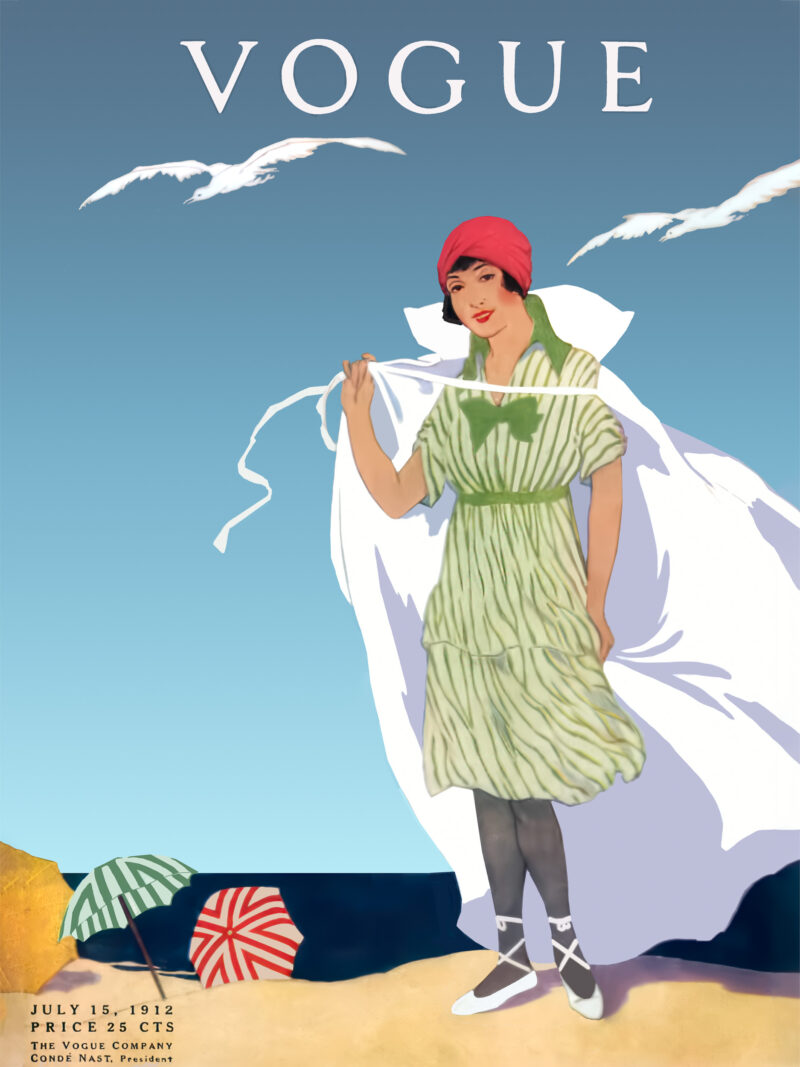 1912 Vogue cover with a woman on a beach and seagulls.
