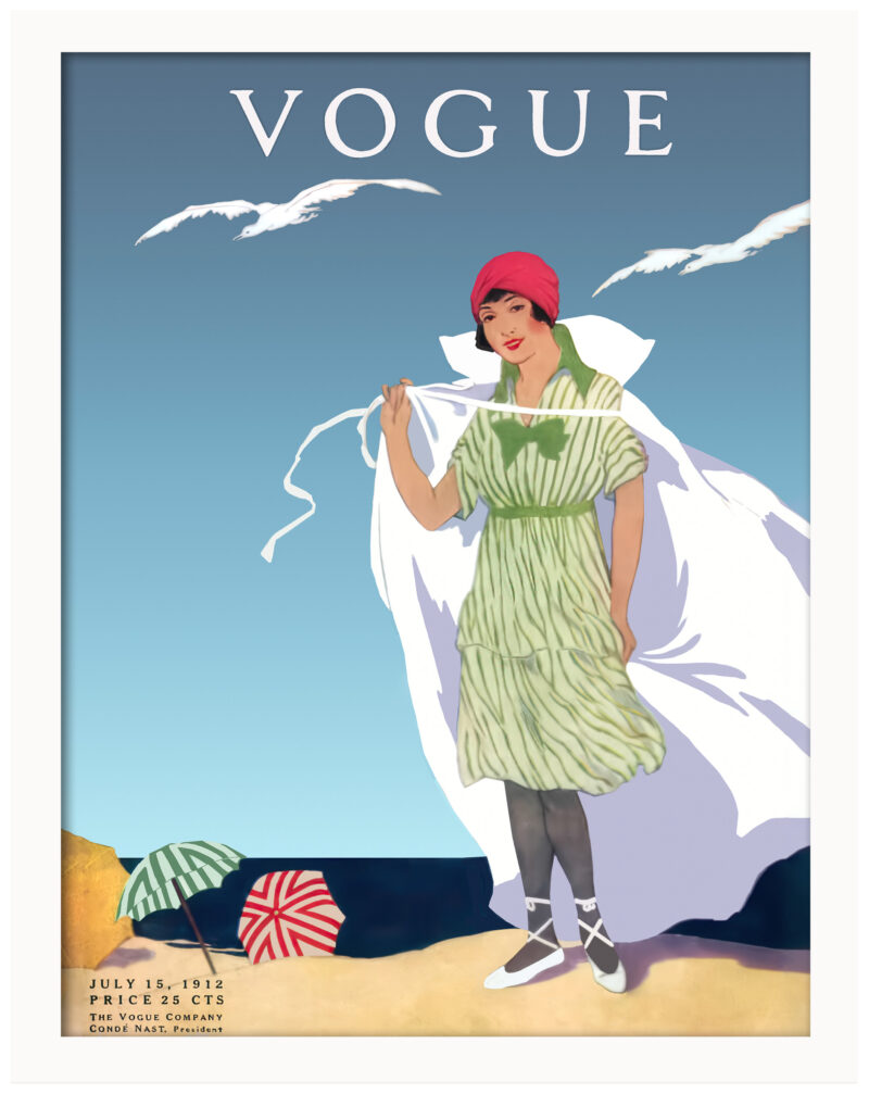 1912 Vogue cover with a woman on a beach and seagulls.