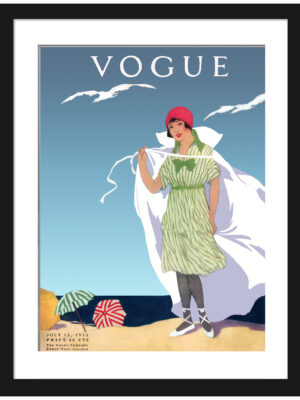 1912 Vogue cover with a woman on a beach and seagulls.