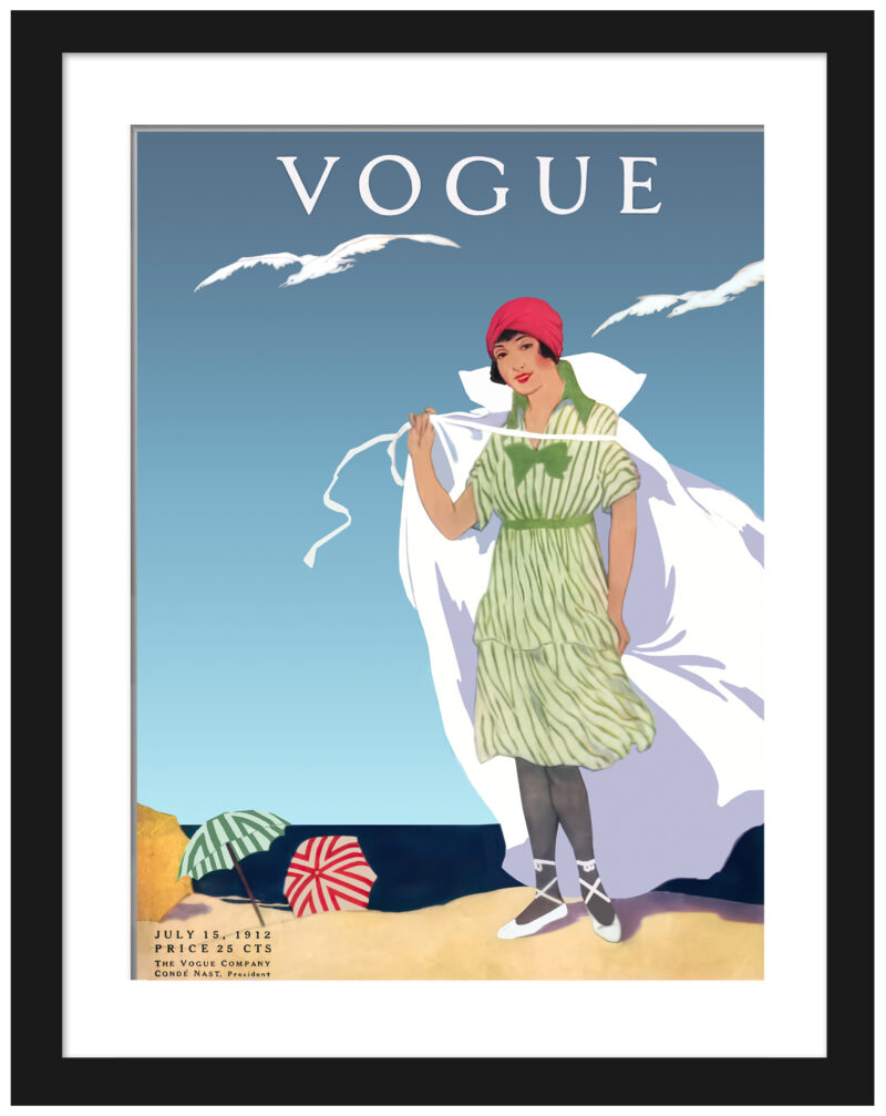 1912 Vogue cover with a woman on a beach and seagulls.