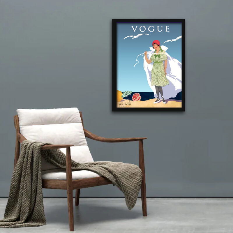 1912 Vogue cover with a woman on a beach and seagulls.
