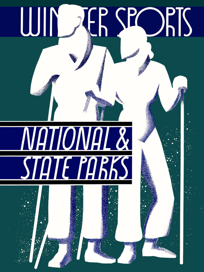 1934 Winter Sports Poster by Dorothy Waugh featuring skiers in vintage clothing.