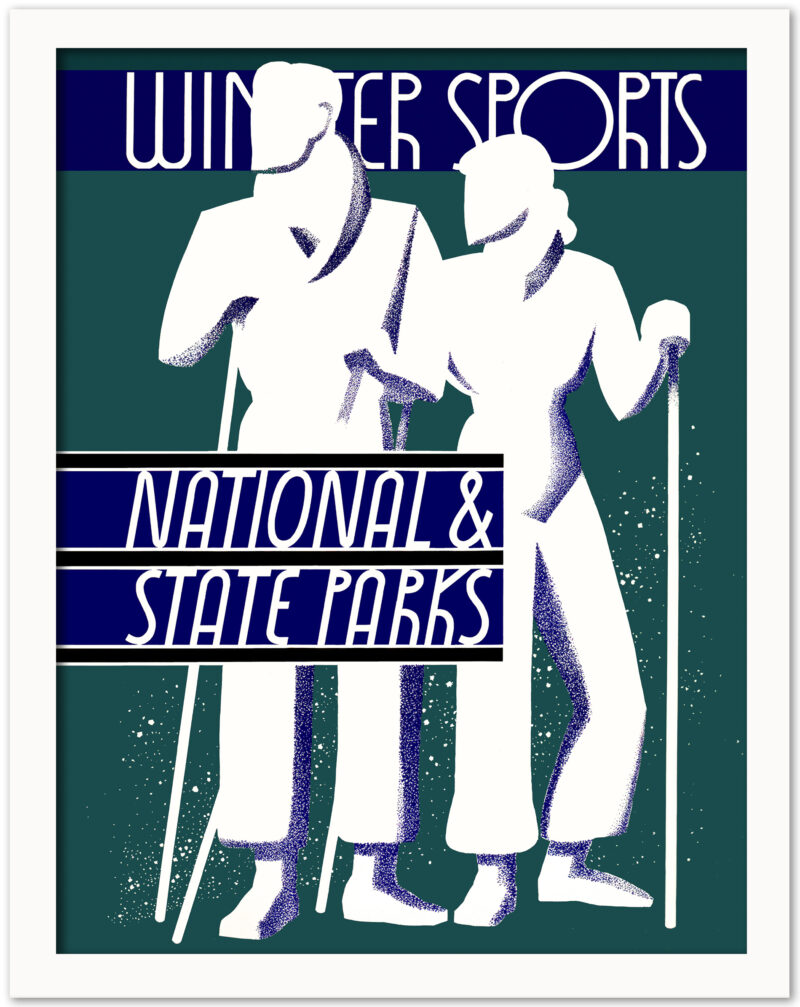 1934 Winter Sports Poster by Dorothy Waugh featuring skiers in vintage clothing.
