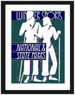 1934 Winter Sports Poster by Dorothy Waugh featuring skiers in vintage clothing.