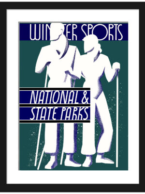 1934 Winter Sports Poster by Dorothy Waugh featuring skiers in vintage clothing.